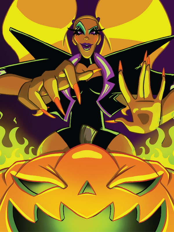 Dyna Bolical waving hands over a Jack-o-lantern for Halloween