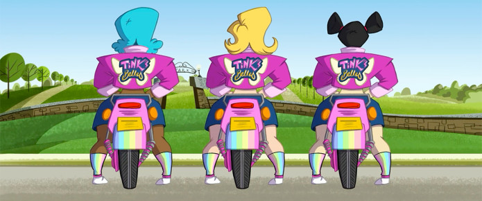 3 Pixie motorcycle gang members on bikes