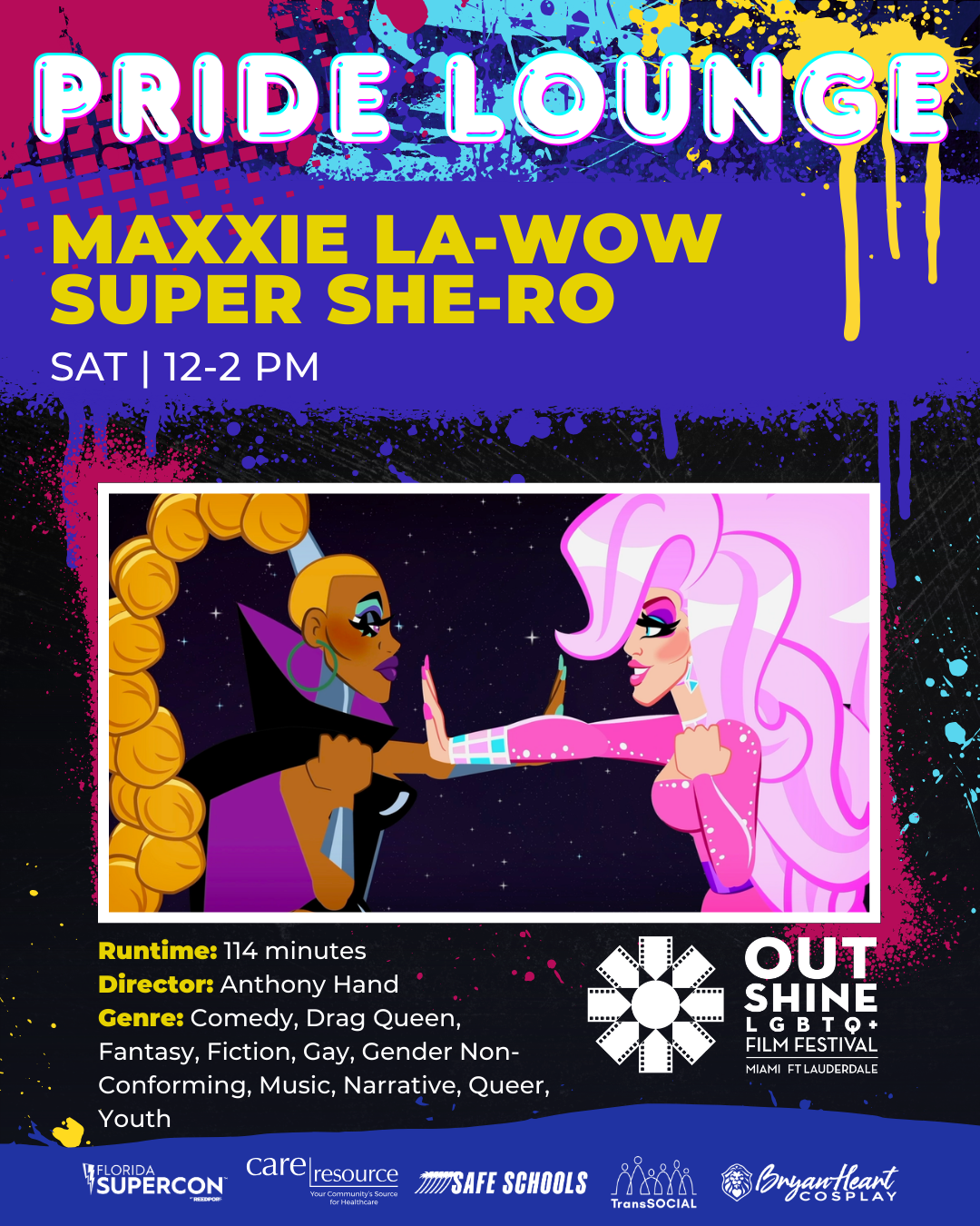 Promotional poster featuring the characters Dyna Bolical and Maxxie LaWow facing off, within a deorative Pride Lounge frame and info