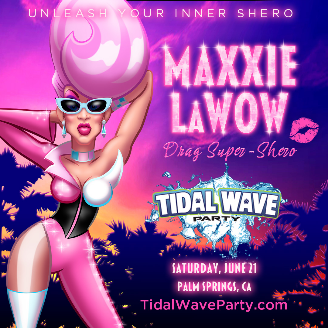 Promotional poster featuring the character Maxxie LaWow in sunglasses with the Tidal Wave logo