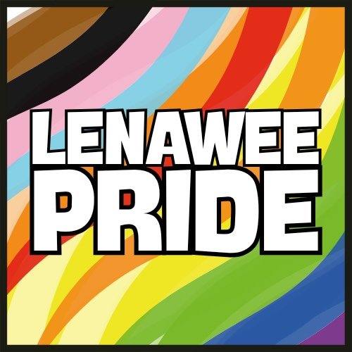 Lenawee Pride logo: white chunky text on a rainbow background
