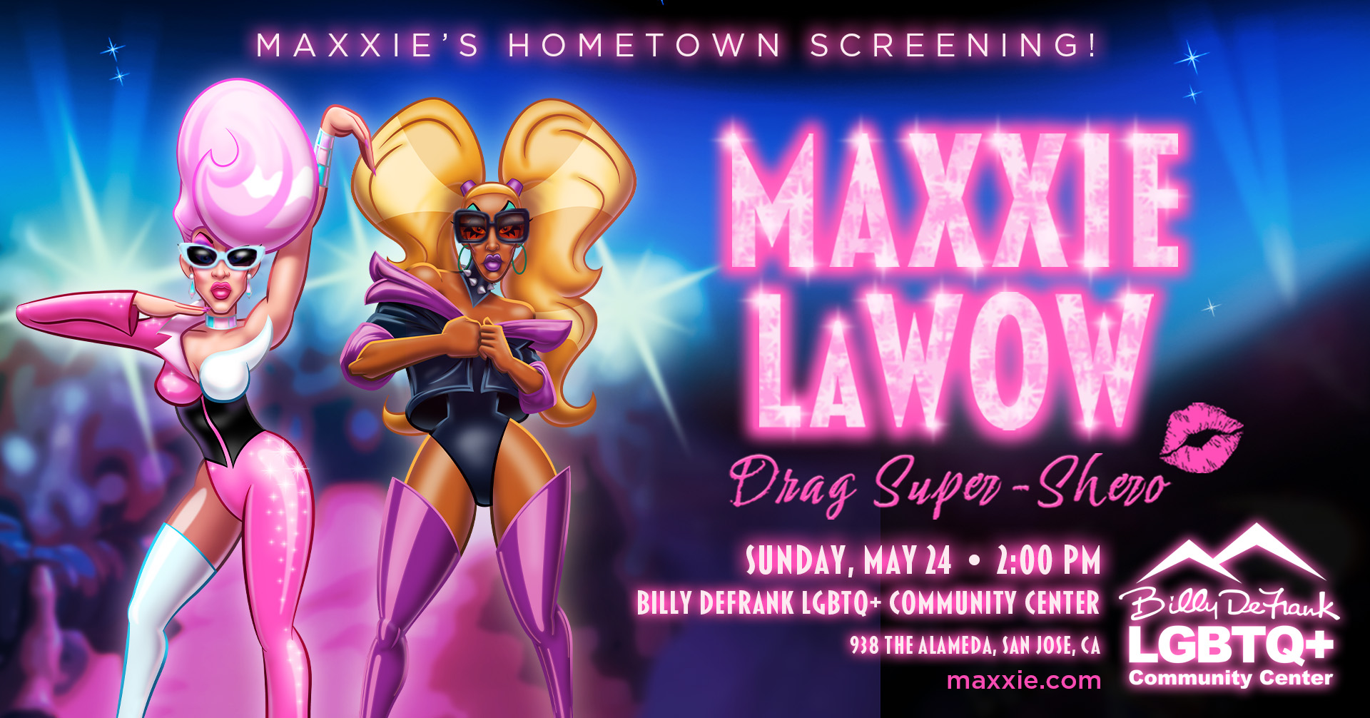 Promo poster featuring Maxxie in a fashion pose with screening info and the Billy DeFrank Center logo