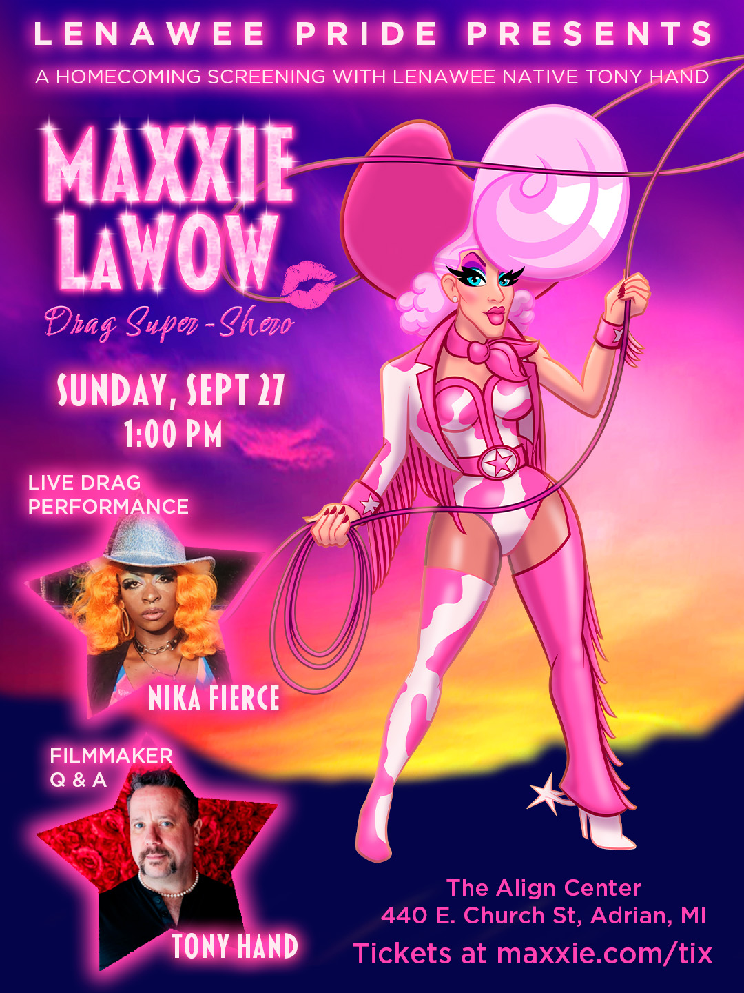 Promo poster featuring Maxxie in a pink cowgirl outfit twirling a lasso with screening info